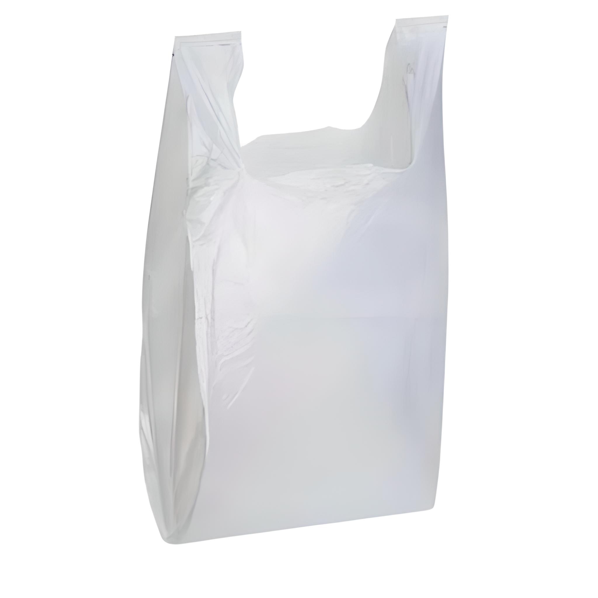 White 16 micron T-Shirt plastic shopping bags, size 12x7x23, perfect for grocery and retail use.