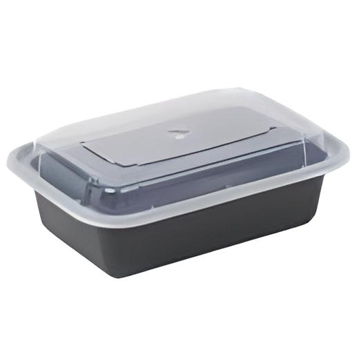Black 38 oz plastic takeout containers with clear lids, perfect for meal prep and catering.