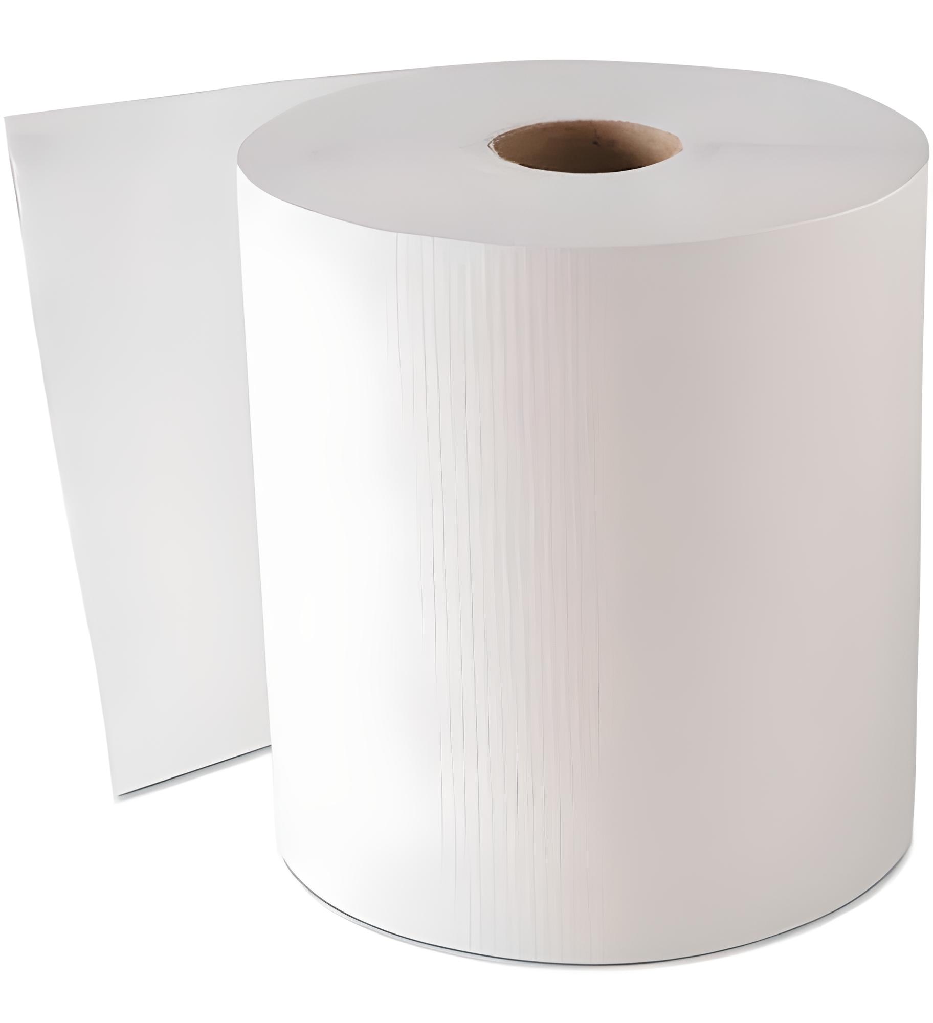 White recycled paper roll towels, 8in wide with a 2in core, bulk case of 6 rolls for commercial use.