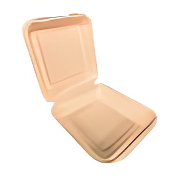 8.5x8x3 Compostable Sugar Cane Hinged Clamshell Food Container, ideal for eco-friendly takeout and catering.