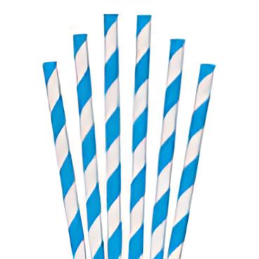 Eco-friendly 10-inch blue and white striped paper drinking straws, sold in bulk cases of 5,000.
