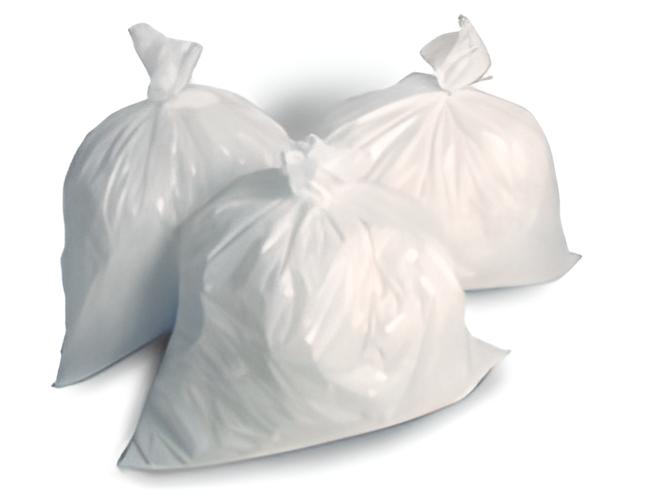 Stack of 500 white 22x24 inch biodegradable regular garbage bags for kitchen waste.
