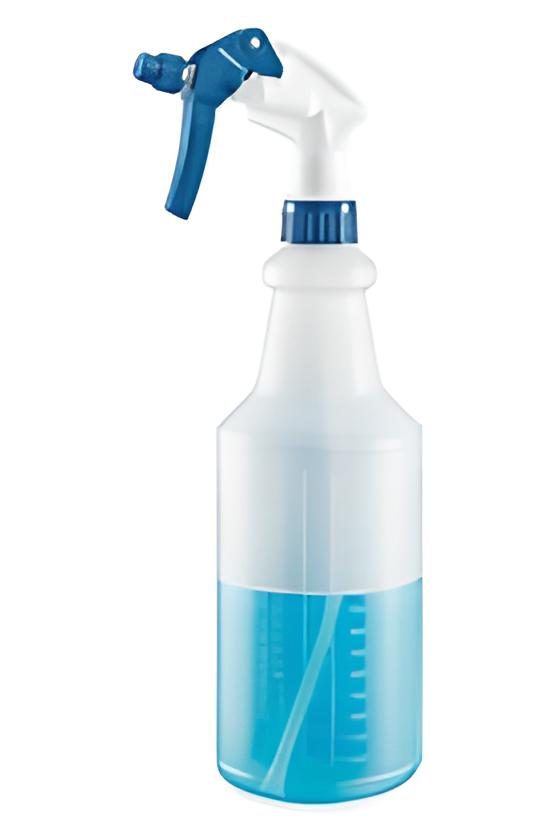 32 oz HDPE bottle with chemical resistant adjustable trigger sprayer, ideal for cleaning solutions.