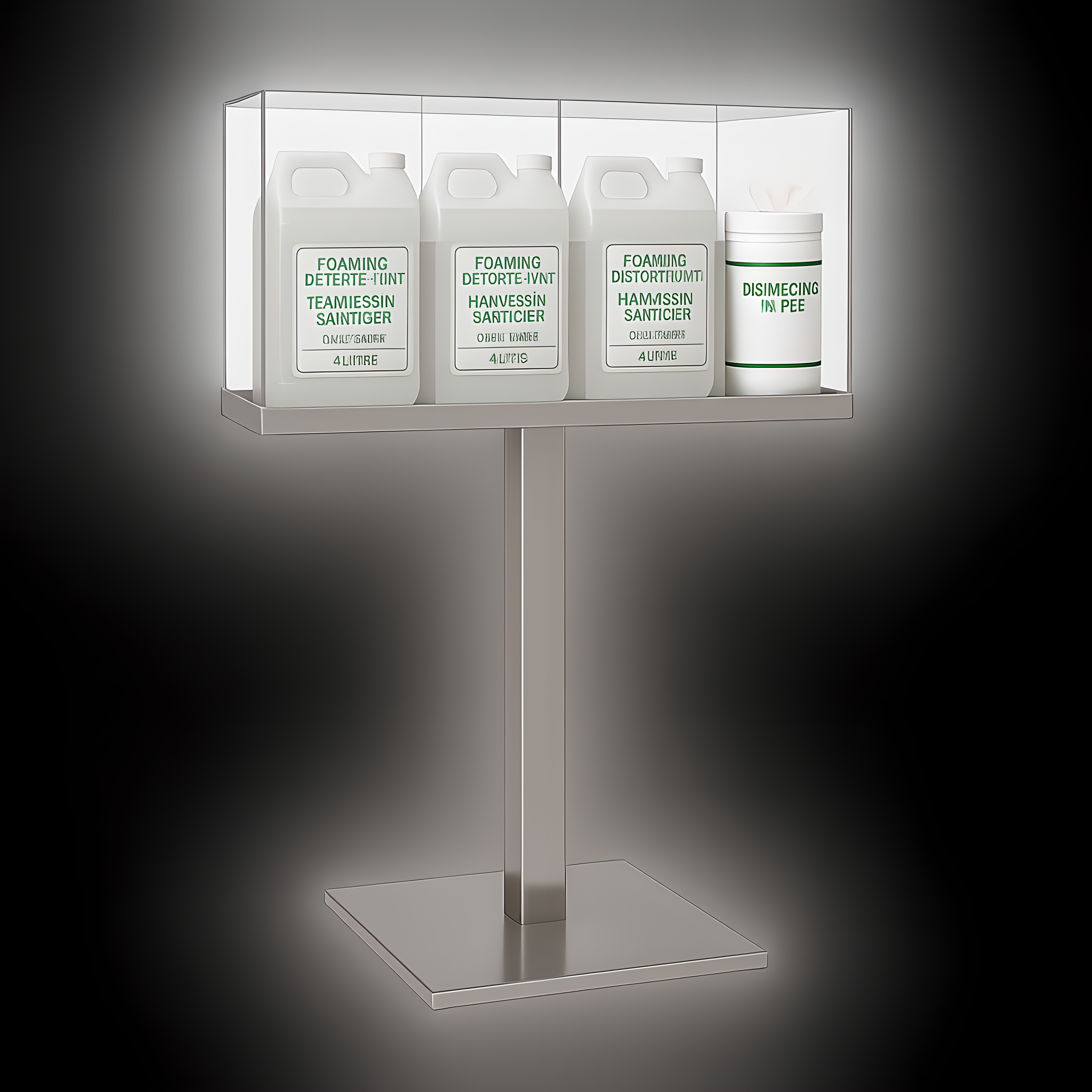 Four-sided stainless steel CGC Disinfectant Station with 4L sanitizer dispensers and plexiglass-divided wipes holder for high traffic.