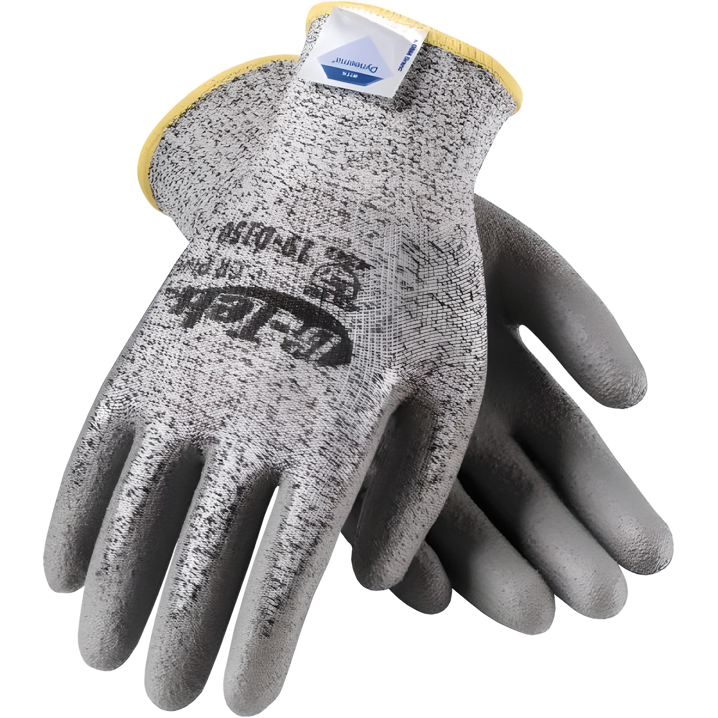 Medium Salt & Pepper Dyneema cut resistant gloves LV3 with grey polyurethane palm coating.
