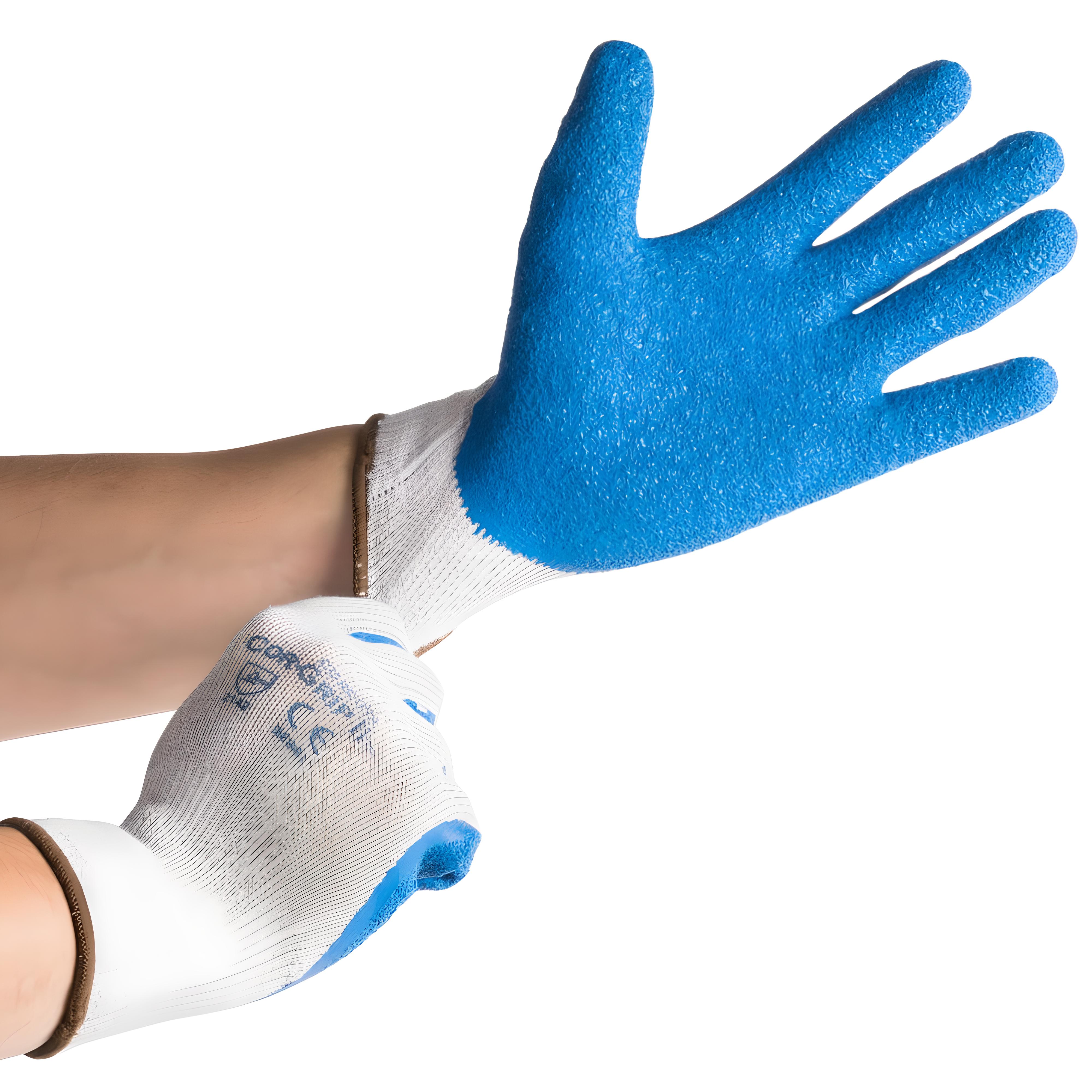 Large blue latex palm-coated work gloves with crinkle finish grip and comfortable polyester liner (12 pack).