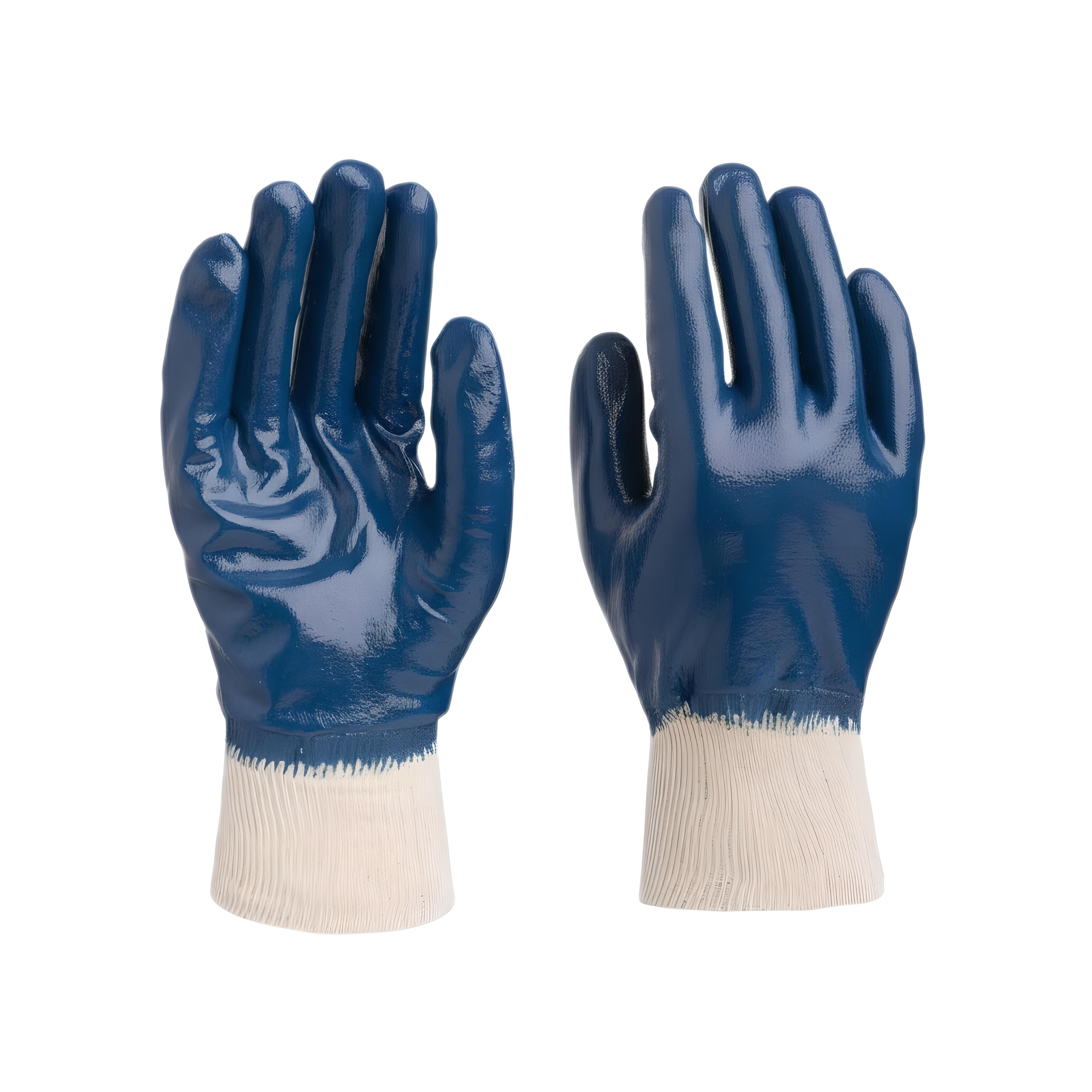XL Blue Nitrile fully coated work gloves with knit wrist and brown cotton support for industrial use.