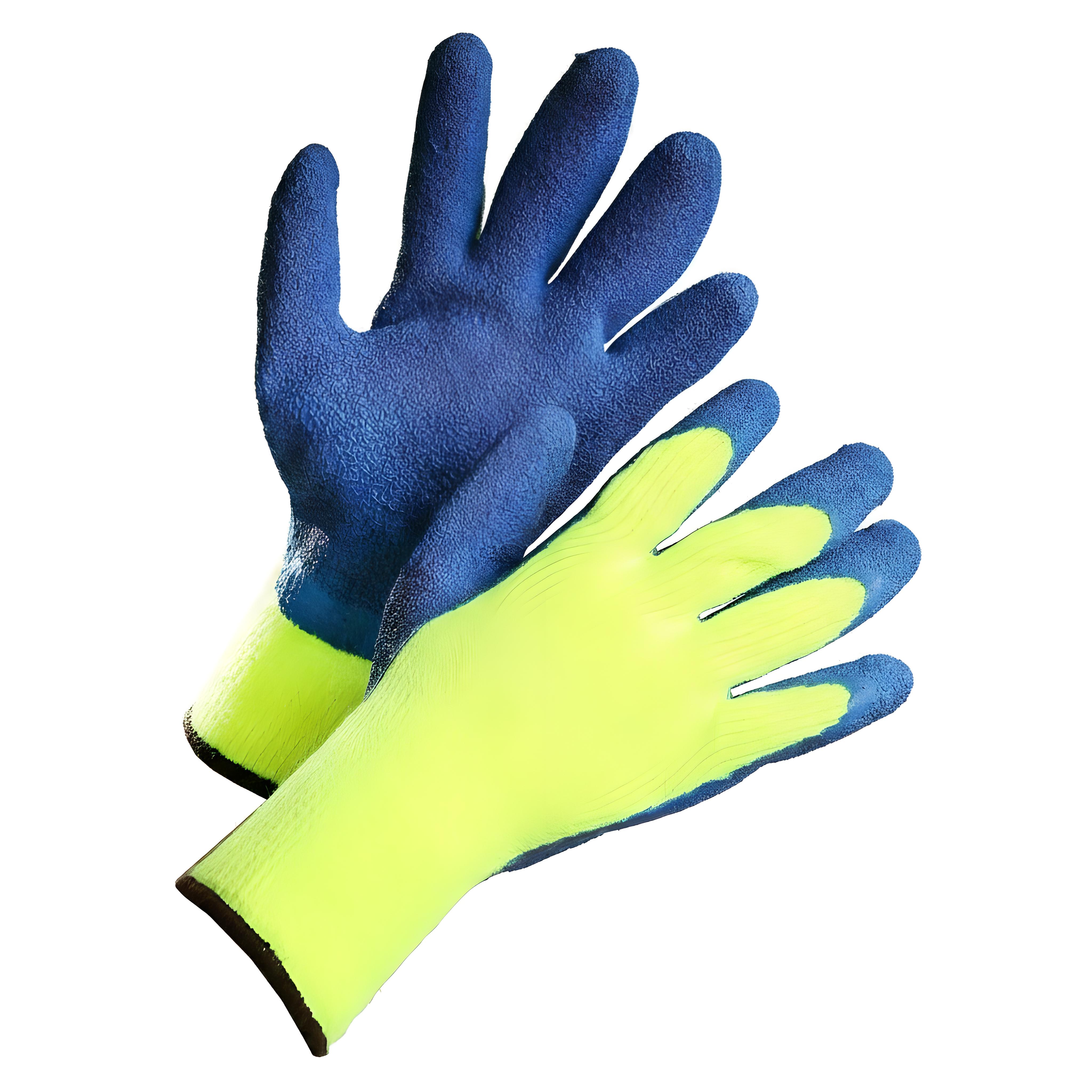 Blue latex palm-coated hi-vis yellow insulated work gloves, crinkle grip, size Large.