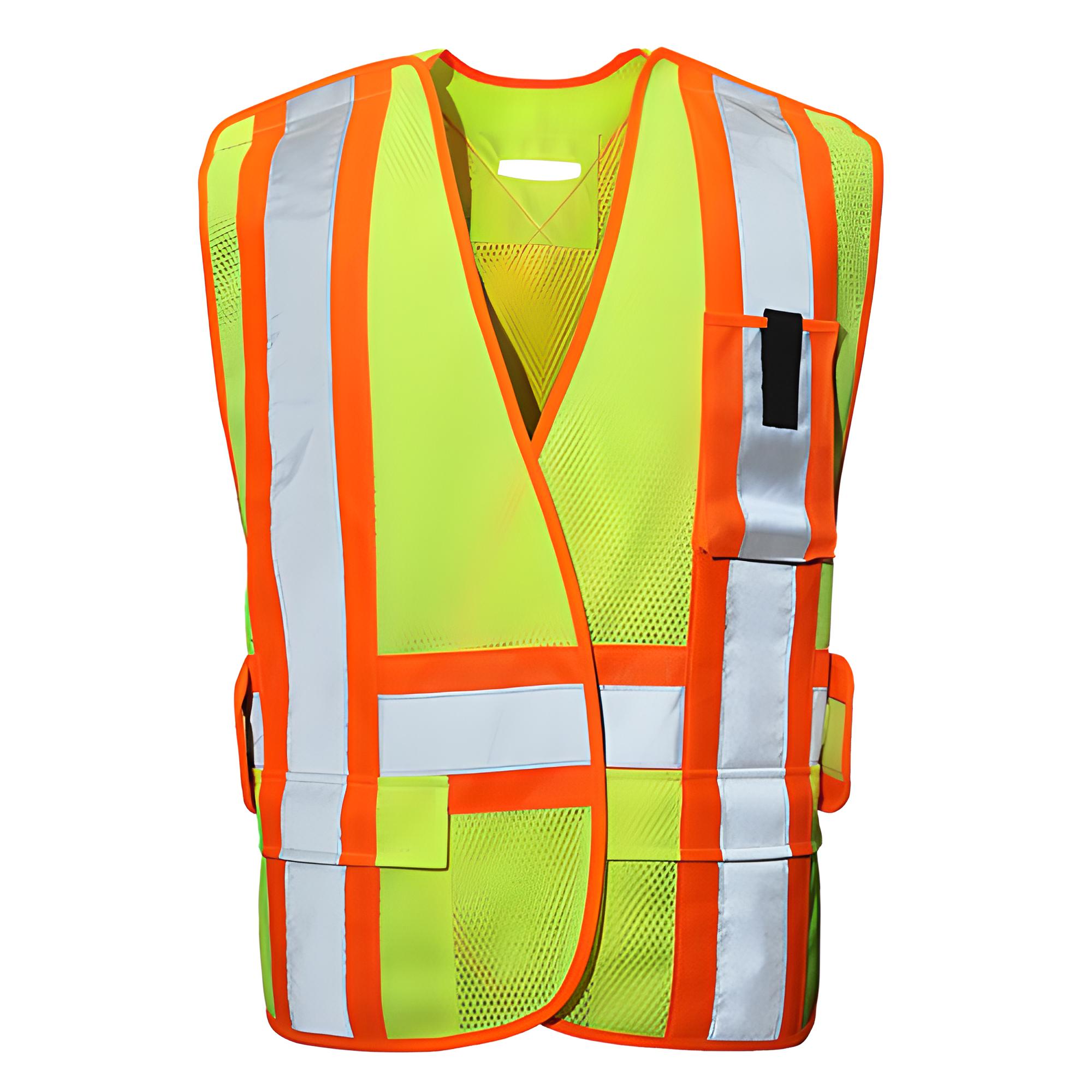 High-visibility orange mesh safety vest (M/L) 5-point tear-away with reflective tape and radio pocket.