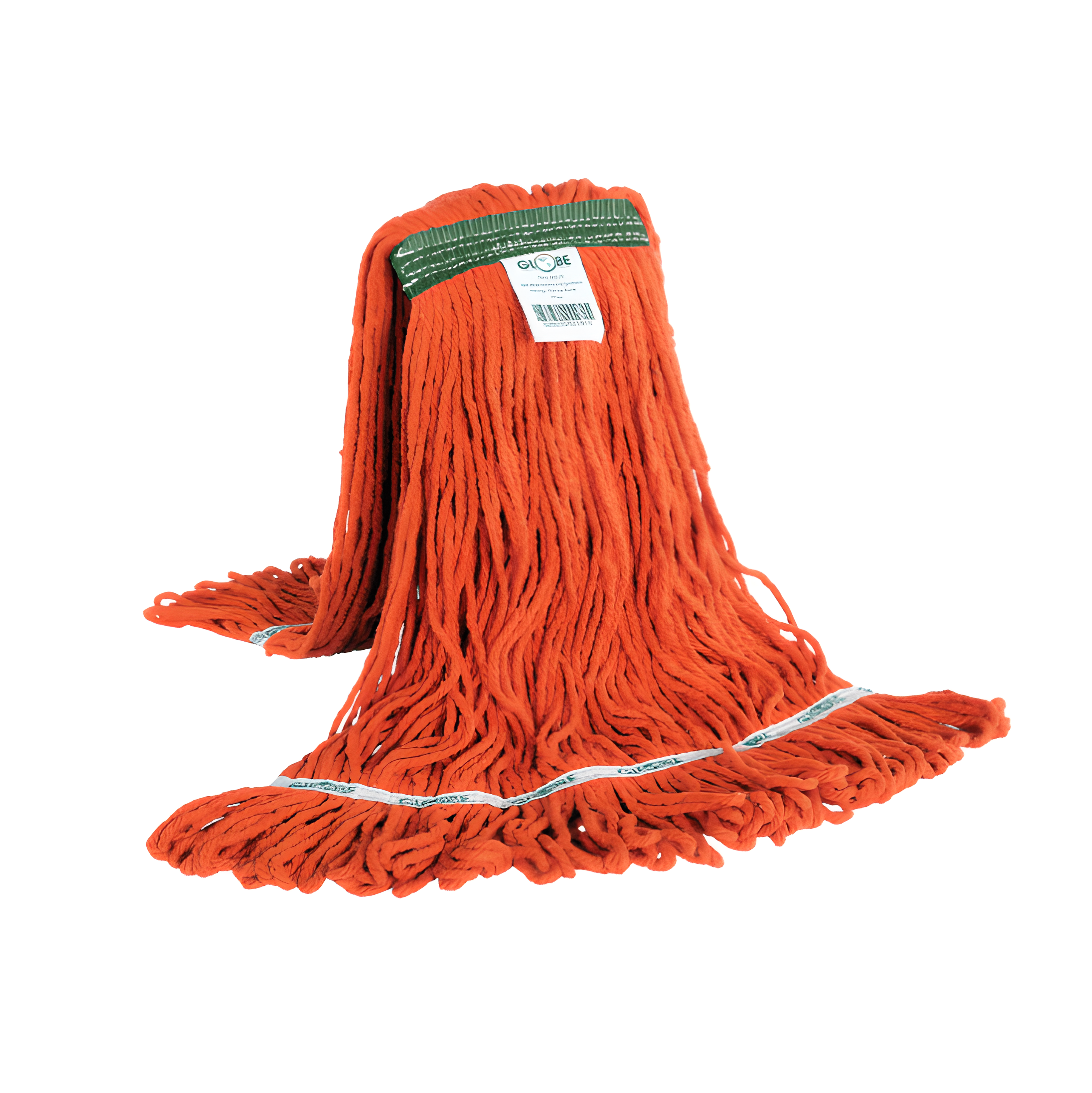 Orange small wet mop head with narrow band looper connection for commercial floor cleaning.