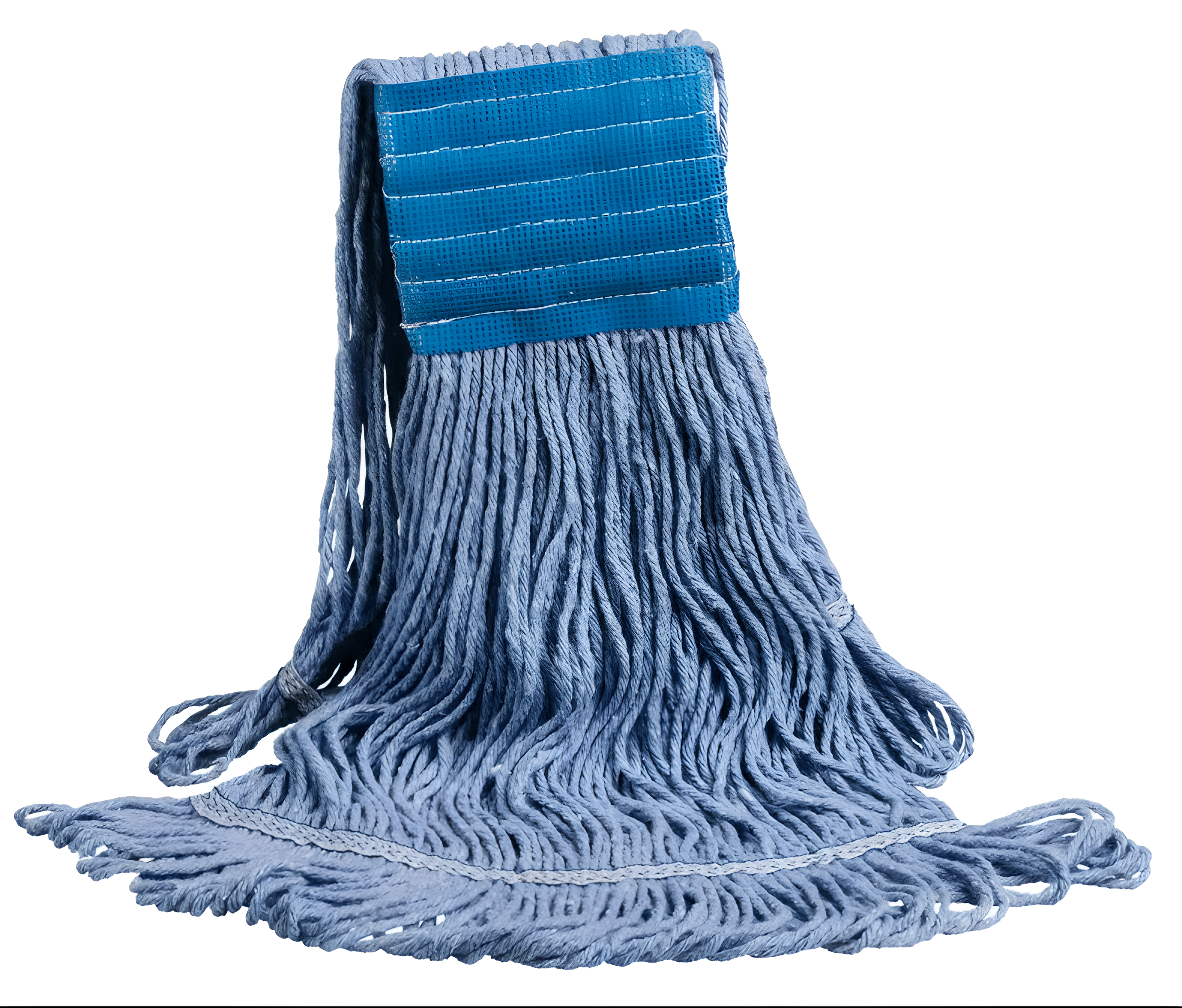 Medium blue wet mop head, wide band looper style, commercial cleaning supply.