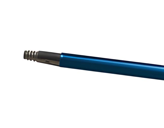 Heavy-duty 60-inch blue aluminum threaded broom handle, ideal for commercial cleaning equipment.