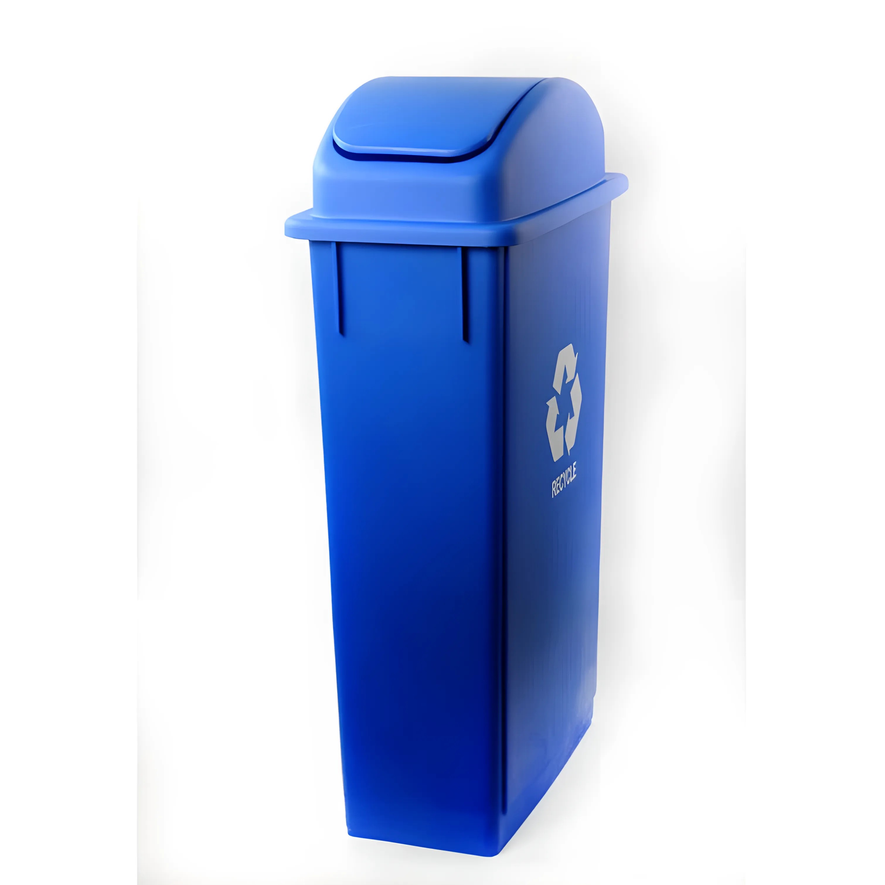 Blue SP2330-SL-BL swing lid for 23-gallon commercial recycling receptacle with TrimJim fitting.