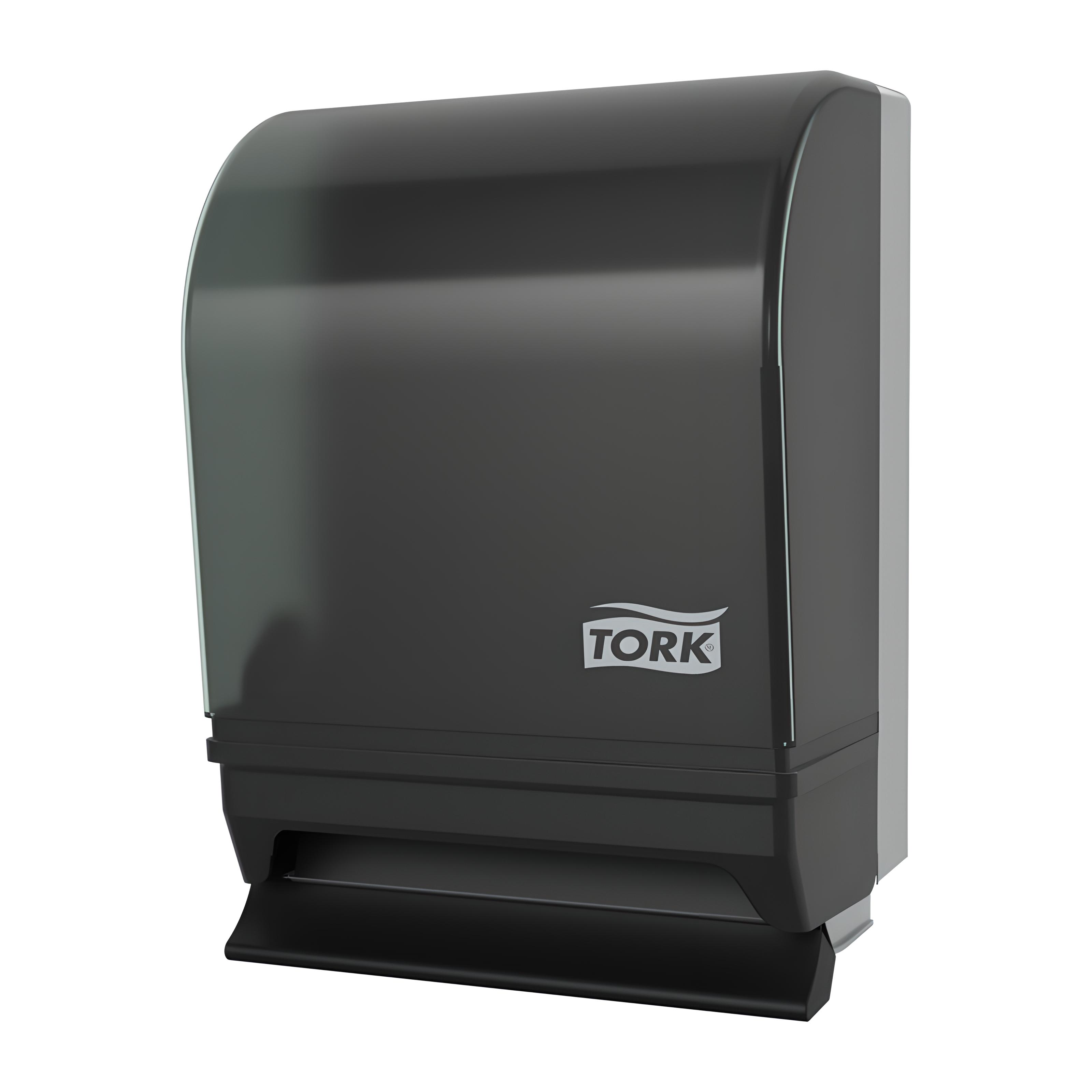 Black Auto-Transfer Push Bar Roll Towel Dispenser for commercial high-traffic restrooms.