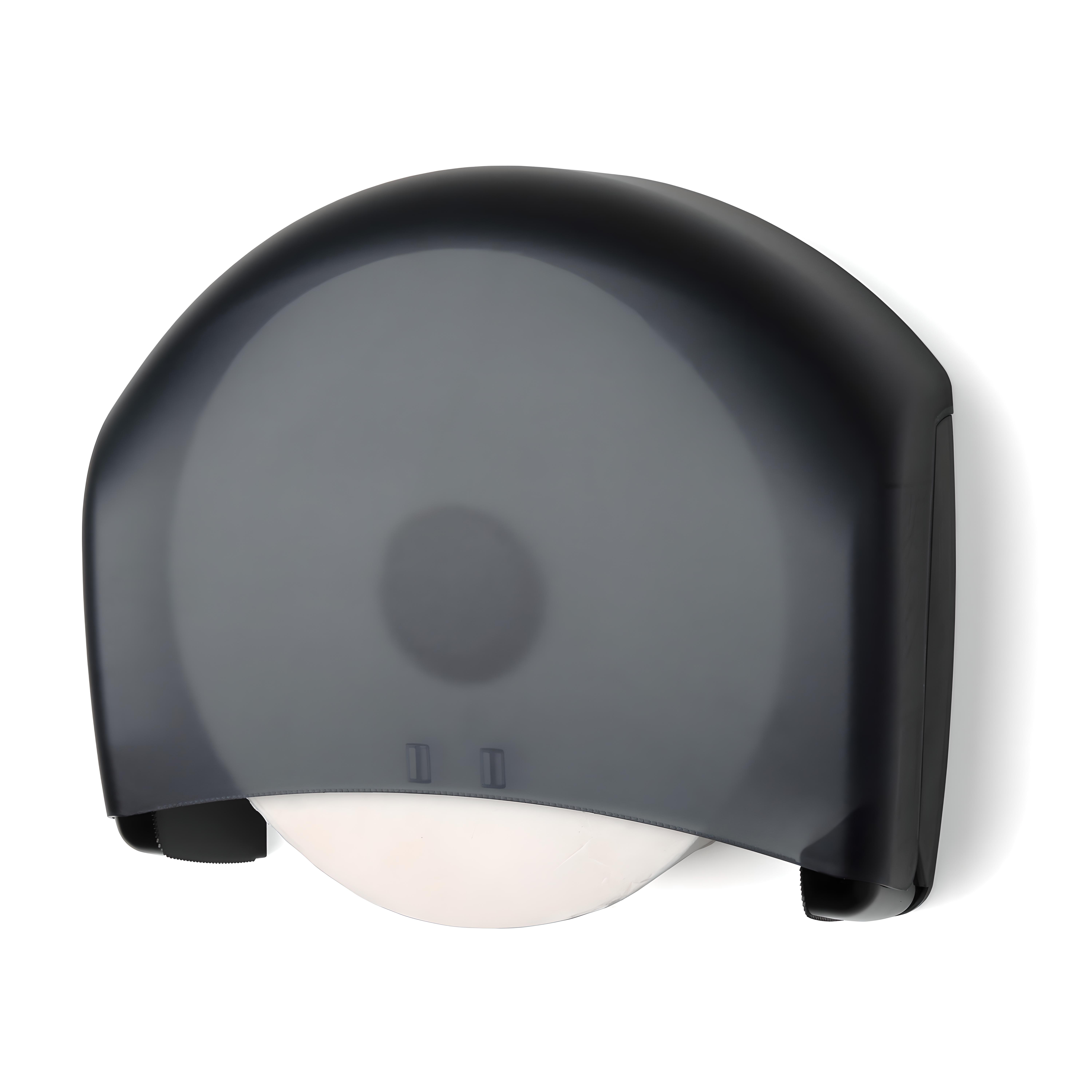 Commercial stainless steel single 9-inch tissue dispenser, features adaptable core for various roll sizes.