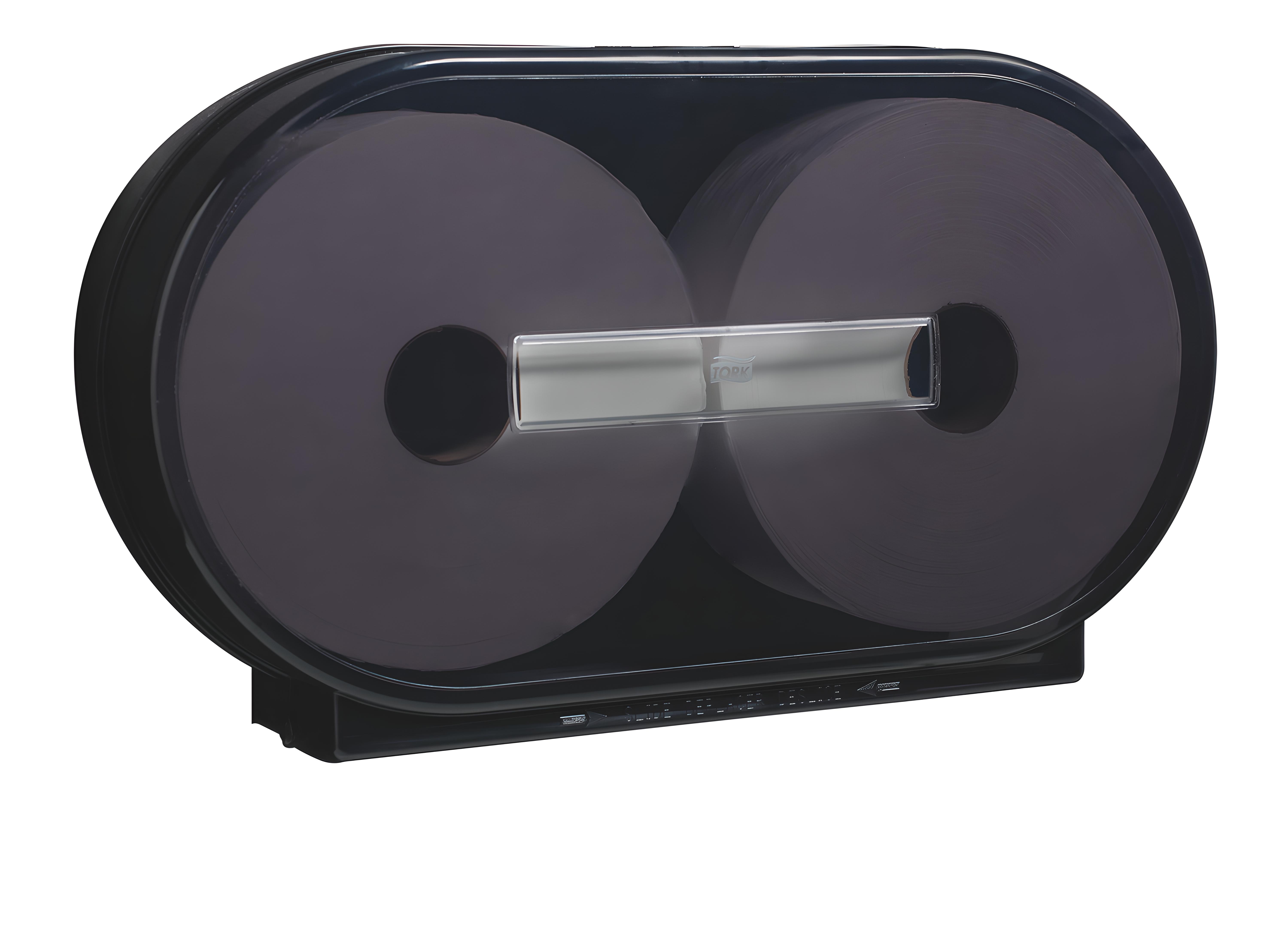 Stainless steel twin SuperMini Jumbo toilet paper roll dispenser for high-traffic commercial washrooms.